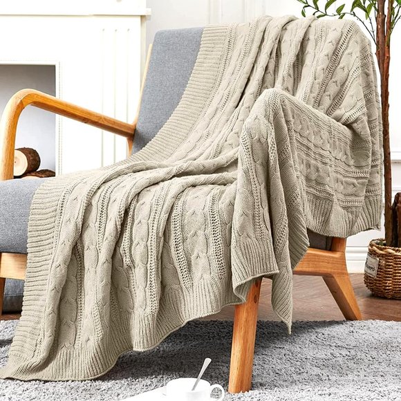 Tan Knit Cable Knit Weave Pattern Decorative Bed Warm Sweater Accent Blanket